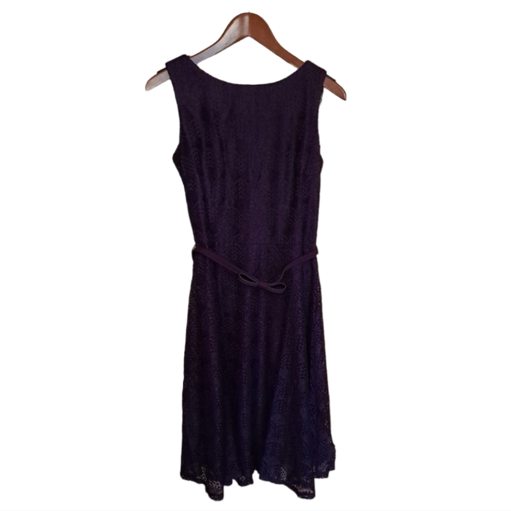 NWT Womens Danny and Nicole Plum Sleeveless Dress Lace Overlay Size 10 Bow Belt